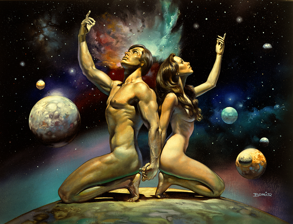 A naked couple kneeling back-to-back, surrounded by planets.