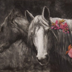 black and white painting of two horses with pink cherry blossoms in their manes