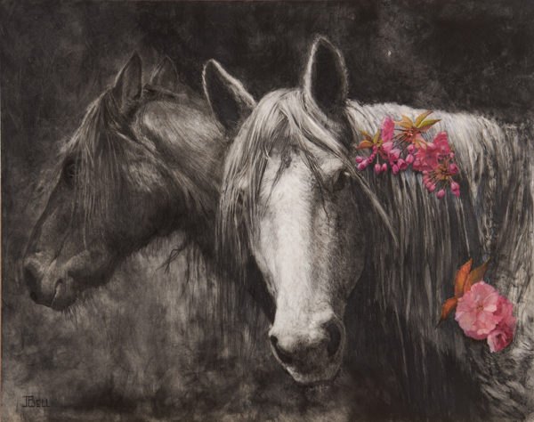 black and white painting of two horses with pink cherry blossoms in their manes