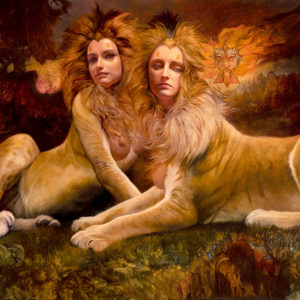 painting of two sphinx sisters resting