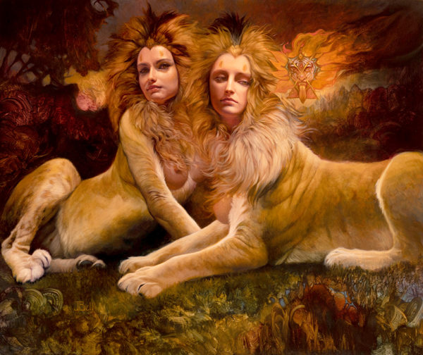 painting of two sphinx sisters resting
