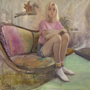 painting of a woman wearing rainbow socks