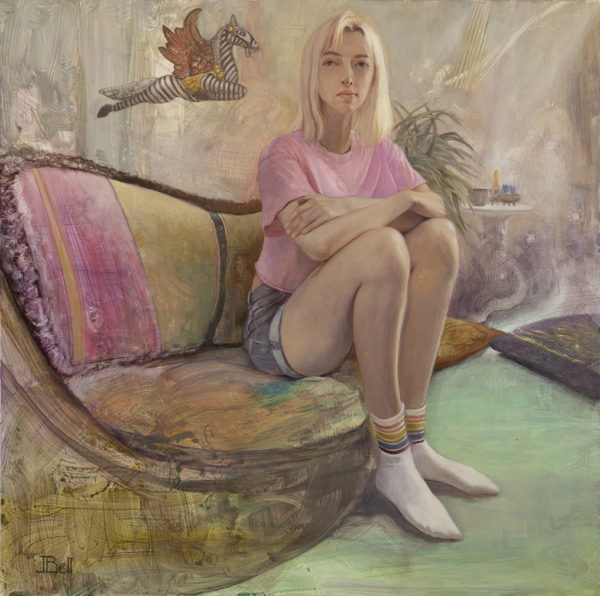 painting of a woman wearing rainbow socks