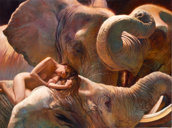 painting of a woman reclining with elephants