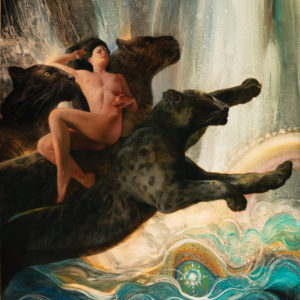 Fantasy oil painting of a brunette woman with tawny skin resting on multiple panthers who fly through an abstract sky.