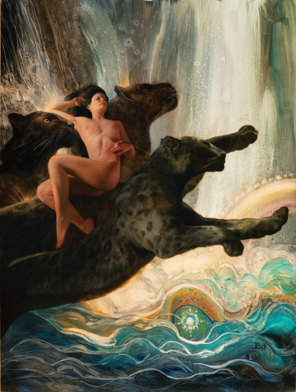 Fantasy oil painting of a brunette woman with tawny skin resting on multiple panthers who fly through an abstract sky.