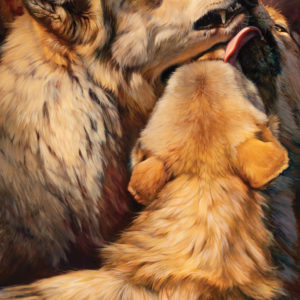Realistic oil painting of a large commanding grey wolf being praised and licked by its companions.