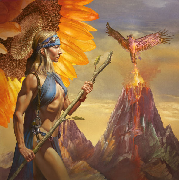 Fantasy oil painting of a blond white woman in a blue two piece holding a tree branch staff. She is framed by a large sunflower, facing a phoenix rising from a volcano.