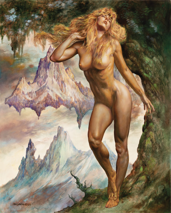 Fantasy oil painting of a naked blond white woman standing under a gnarled tree, framed by the distant landscape of mountains, one of them floating.