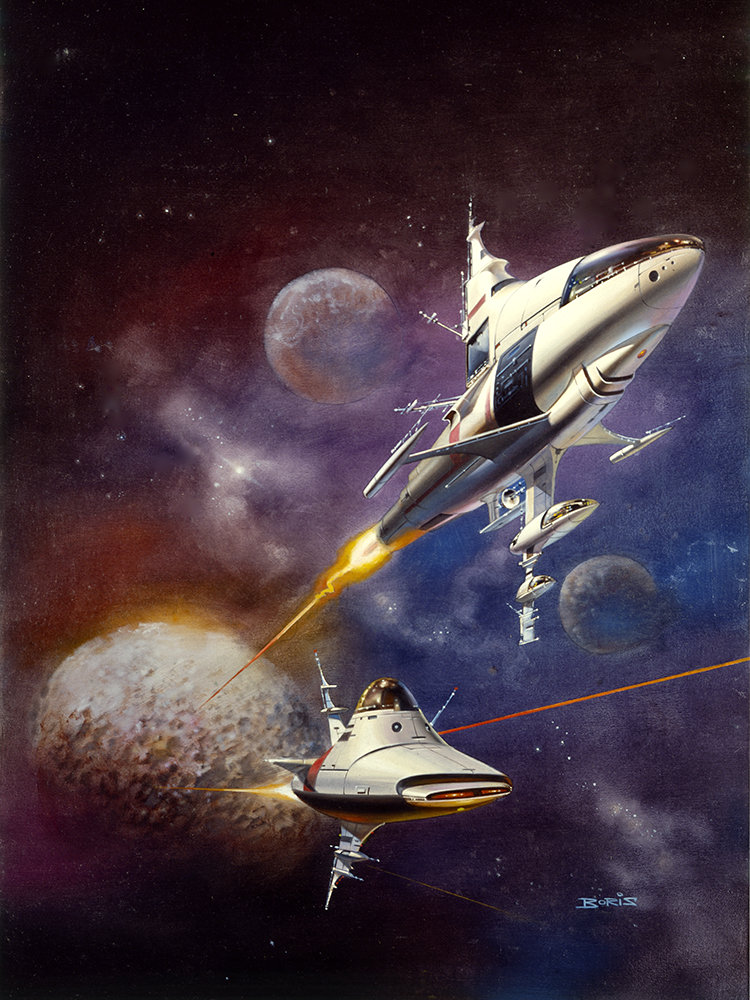 Sci-fi, fine art print featuring two spaceships and far off planets.