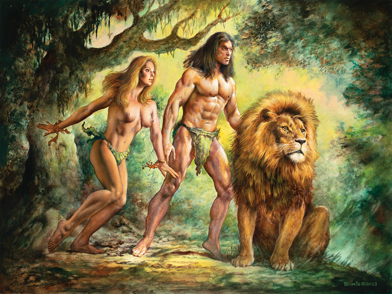 A fine art print of a man and a woman in the jungle with a beautiful lioness.