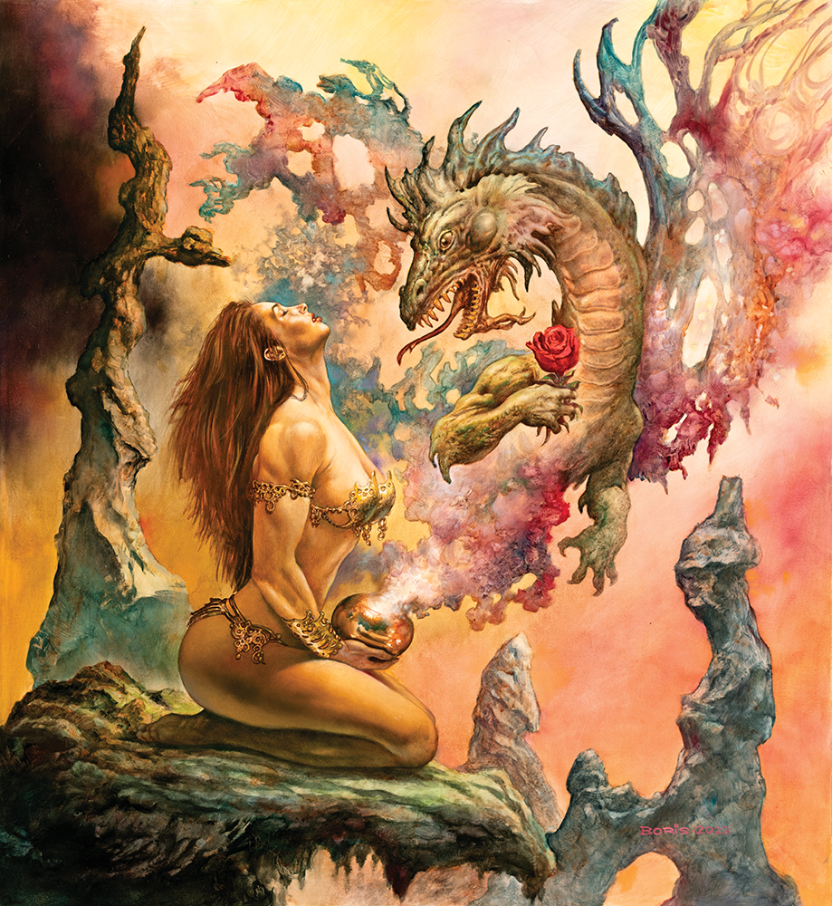 Fantasy art print featuring a woman and a dragon holding a rose.