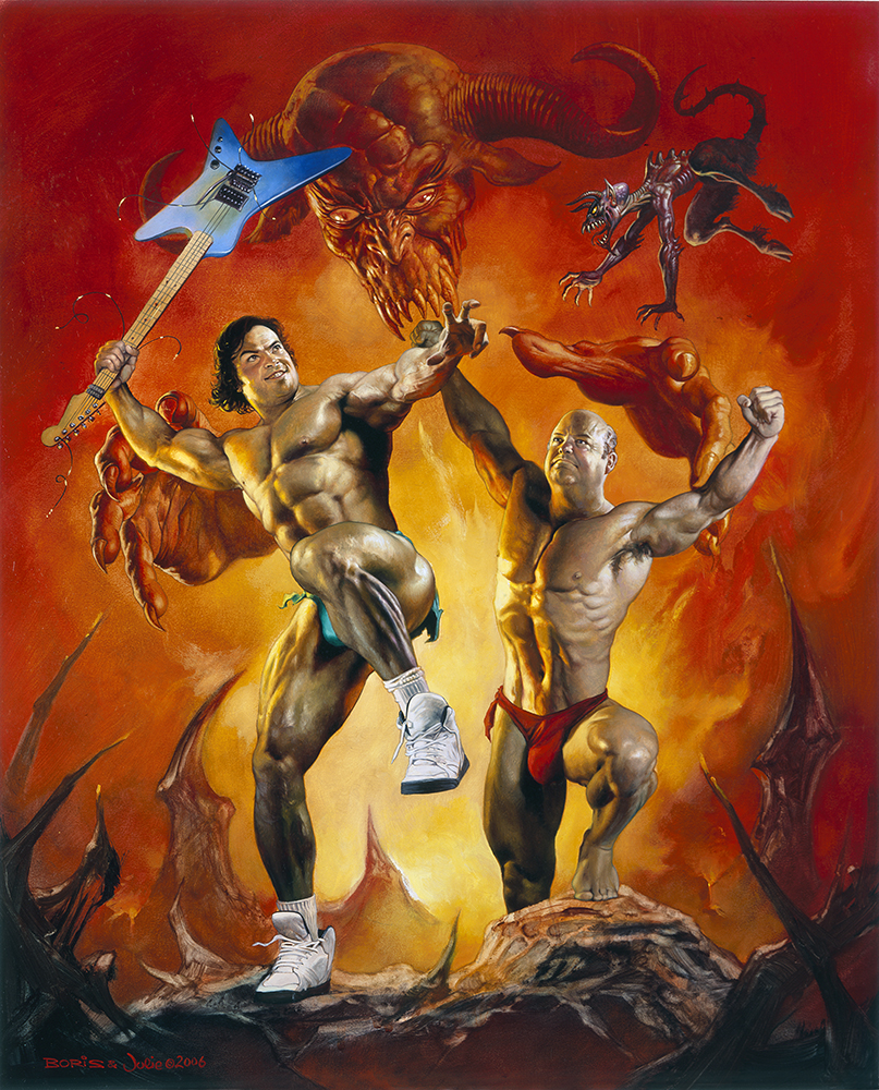 Fantasy painting featuring the band Tenacious D fighting demons.