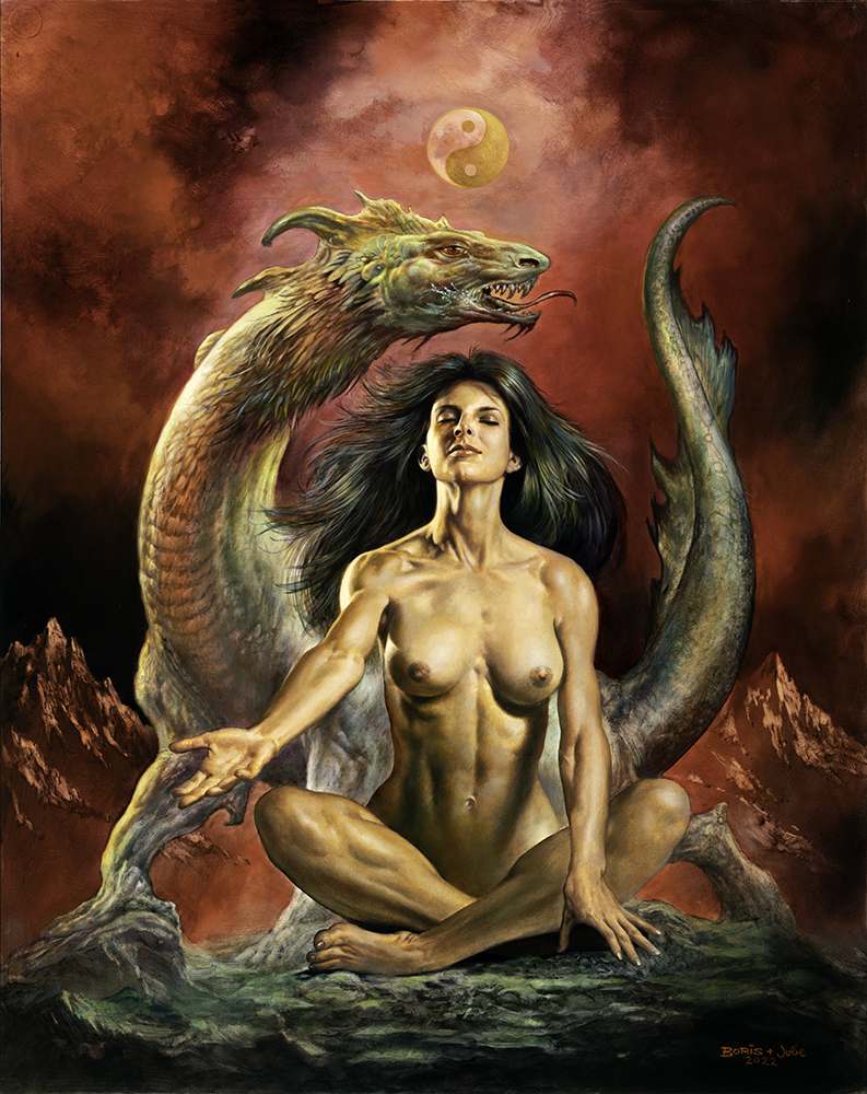 A naked woman sitting in an equanimity pose with a dragon creature circling behind her and the yin yang symbol in the background.