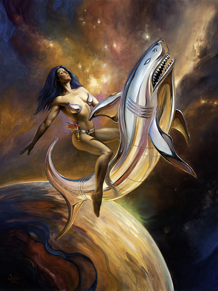 A dark-haired woman riding a chrome shark in outer space.