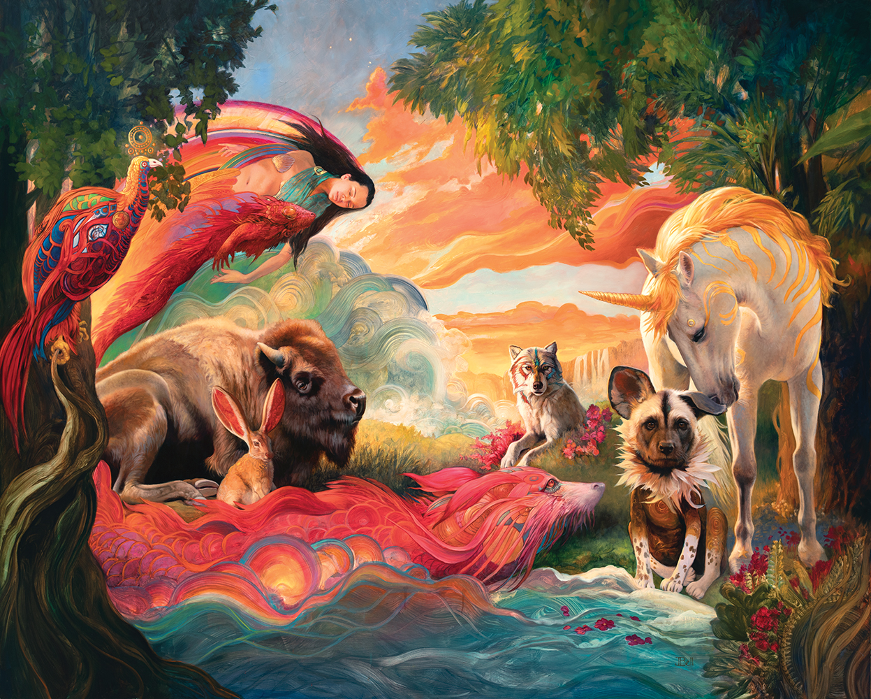 A magical rainbow wildlife scene with various mythical and real creatures.