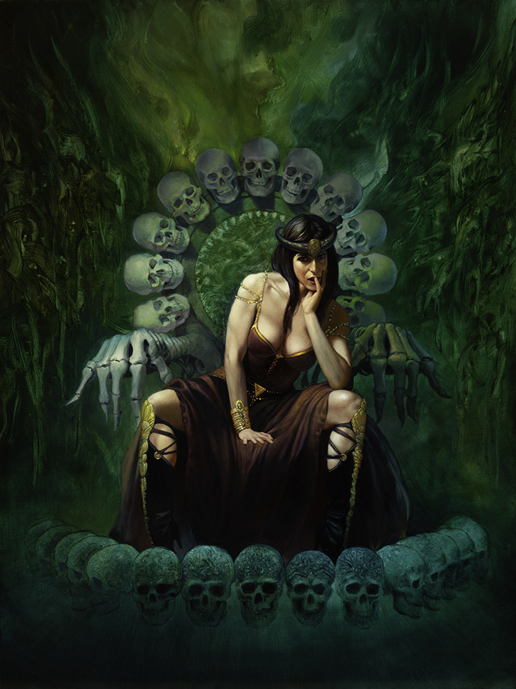 A dark haired vampire queen sitting on her throne made of skulls and bones.
