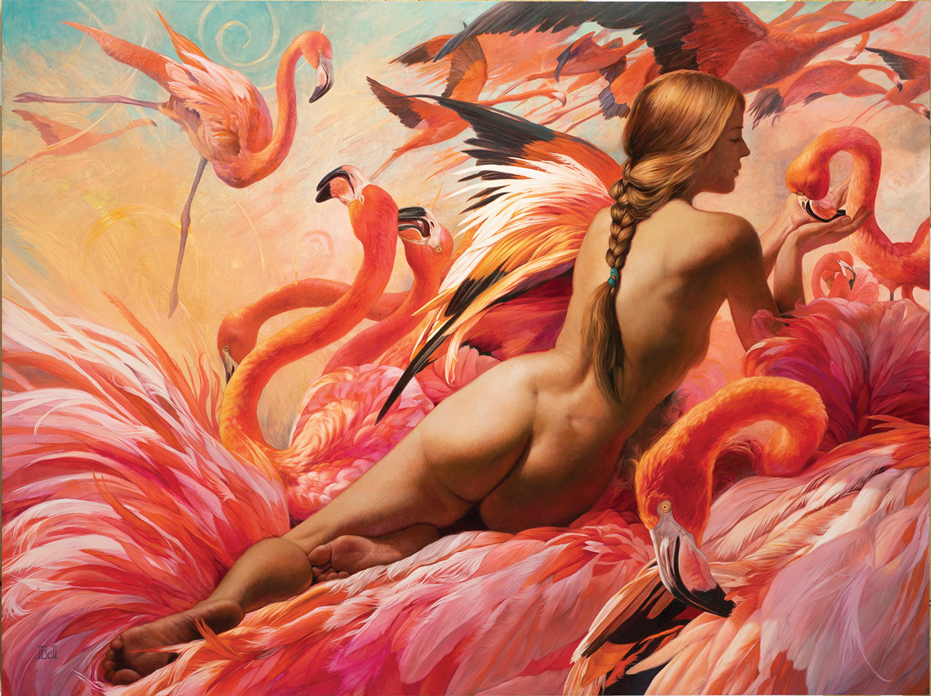 Painting of a women surrounded by pink flamingos.