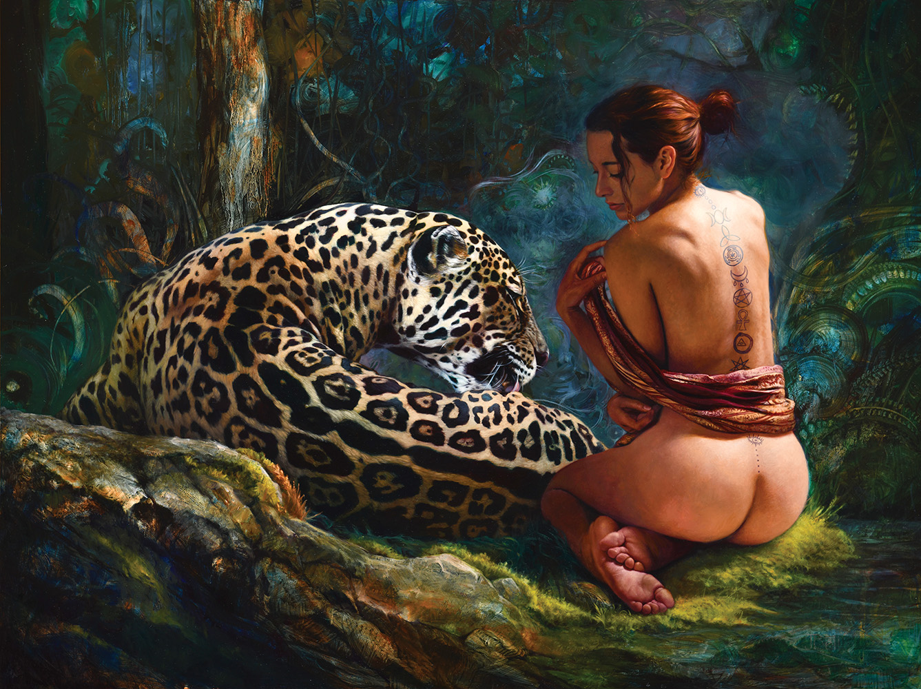 A woman sitting in a forest oasis with a jaguar.