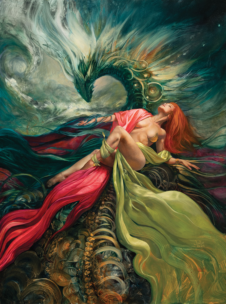 An ocean dragon wrapping itself around a beautiful woman.