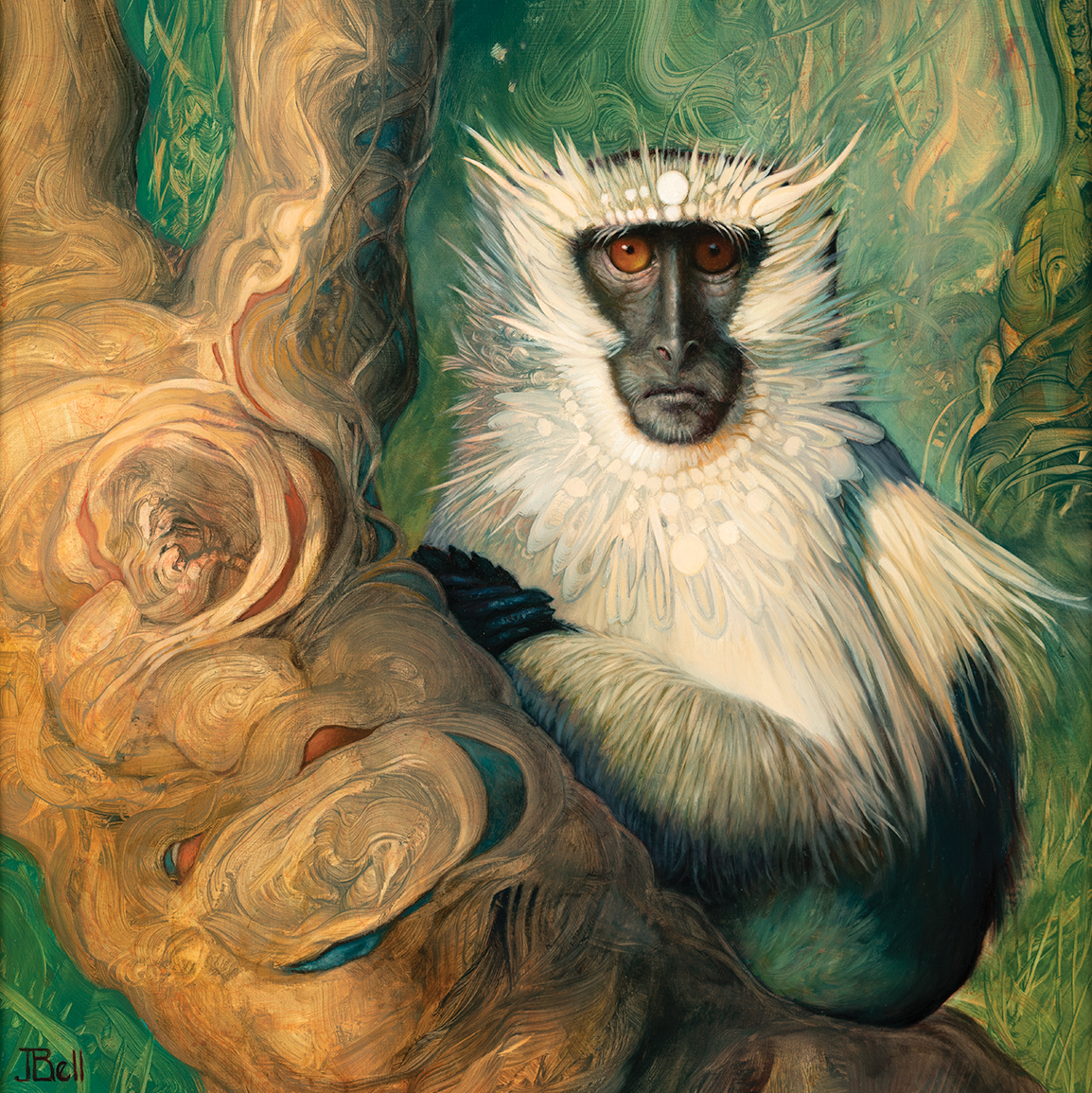 A white and black monkey sitting on a tree branch.