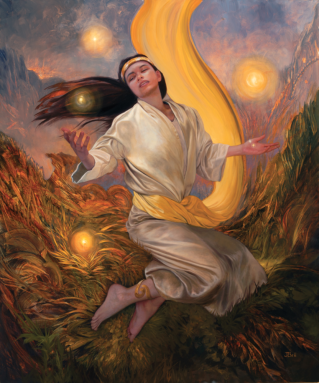 A person in a white robe is floating amongst golden orbs while being wrapped in a yellow sash.